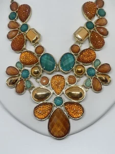 Collana Claire's Corallo e Fiori di Teal Cabochon Dichiarazione Bavaglino Tono Oro 18" - Foto 1 di 10