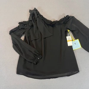 Cece Women's Black One-Shoulder Ruffle Bow Blouse Top Size S Summer LS Pleat NWT - Picture 1 of 7