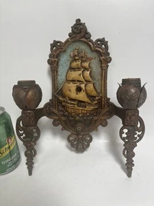Antique 2 lighted lamp ornate Wall sconce Sailing Ship motif 1920's by LINCOLN - Picture 1 of 8