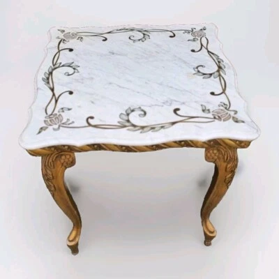 Distressed Gold Finish End Tables with Square Italian Stylized Marble Top - Image 1 of 3