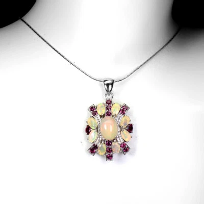925 Argento Sterling Collana Ovale Opale di Fuoco 9x7mm Rodolite Gemma Gioielli - Immagine 1 di 4