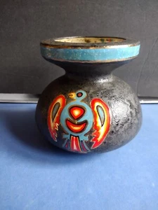 Aztec Bird Mexican Vase Art Pottery Turquoise Gold Southwestern 5" Signed Wilson - Picture 1 of 6
