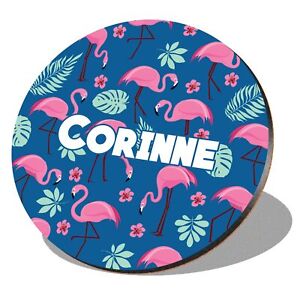1 x Round Coaster - Name Corinne Tropical Flamingo Palm Flower Lettering #257280