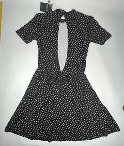 Forever 21 Knit Dress Fit & Flare Open Back High Neck SMALL Black w/ Pink Roses - Picture 1 of 10