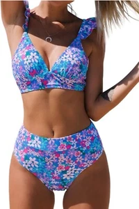 CUPSHE Women Bikini Sets 2 Piece Swimsuit High Waisted Bottom Floral Print Xl - Picture 1 of 5