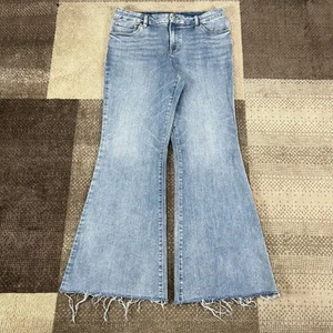 Express Jeans Womens 31X28.5 Flare Mid Rise Dark Wash Denim Stretch 70s Fray - Picture 1 of 7