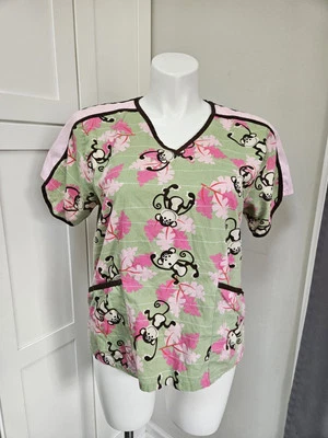 Tafford Scrubs Top Womens Medium Green/Pink Multi Monkeys V Neck Cotton Pockets - Image 1 of 4