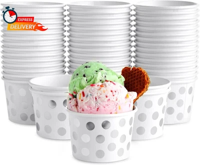 Juvale 50-Pack Paper Ice Cream Cups - 8 Oz Silver Polka Dot Paper Bowls - Dispos Foto 1 de 4