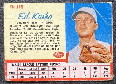 1962 POST CEREAL EDDIE KASKO (REDS) #119 CREASES - Image 1 of 2