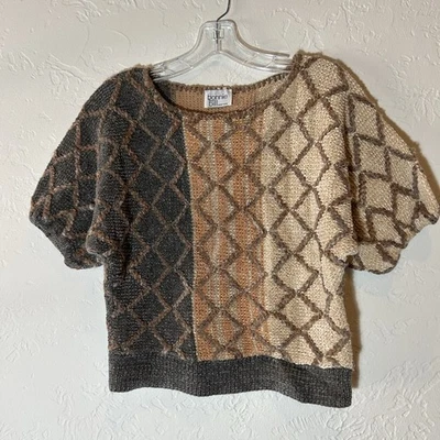 Vintage Bonnie & Bill NY Textured Knit Sweater Top Short Sleeve 70 80s Brown Tan - Image 1 of 4