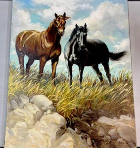 R. Russell Brown Original Óleo Caballo Escena Firmado Lienzo Estirado Sobre Marco - Imagen 1 de 8