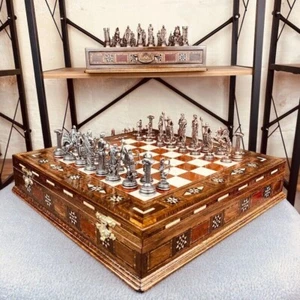 Chess Set with Storage Luxurious Antique Greek Mythology Soild Wood Chess Board - Picture 1 of 10