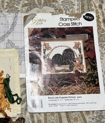 Golden Bee Cross Stitch Kit 20433 Black Lab Puppies in Autumn Floral Basket - Image 1 of 4