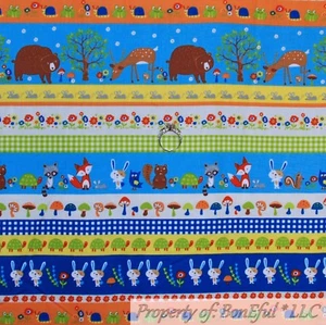 BonEful FABRIC FQ Cotton Quilt Rainbow Stripe Woodland Animal Baby Girl Boy Bear - Picture 1 of 12