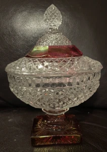 Glass Candy Dish Ruby Red Flashed Diamond Point, Clear Glass Vintage (no chips) - Picture 1 of 3