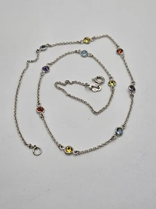 Sterling Silver Multi Color Bezel Set Gemstone Dainty Station Necklace - Picture 1 of 13