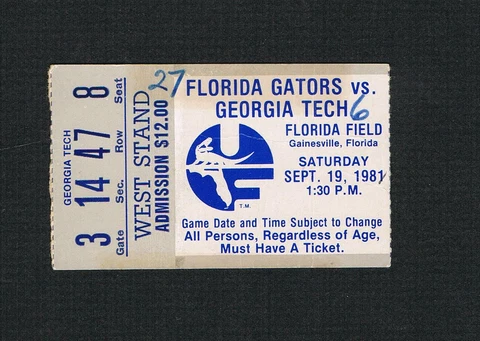 1981 FLORIDA GATORS UF vs GEORGIA TECH GT football ticket at FLORIDA FIELD Cover