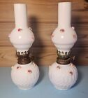 Pair / 2 VTG Milk Glass Oil Hurricane Dresser Lamps w/ Roses Shabby Cottage Chic