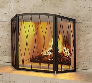3 Panel Wrought Iron Fireplace Screen Black Metal Mesh Fire Spark Guard Decor - Picture 1 of 8