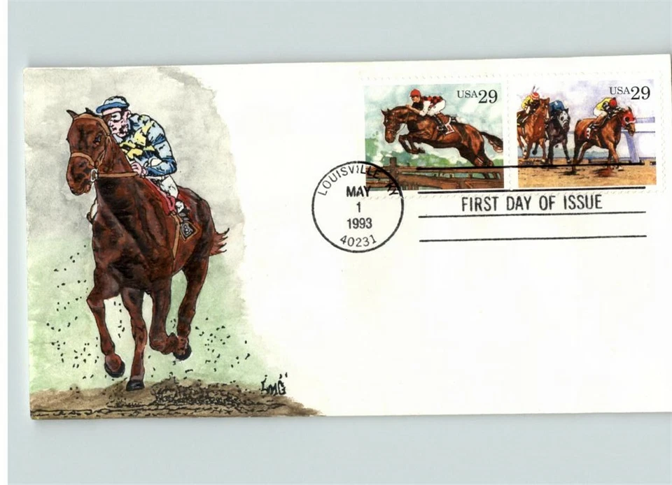 HORSE RACING, Hand Painted 1993 First Day of Issue, canc. Louisville, Kentucky - Image 1 of 1
