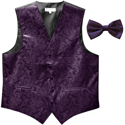 New Men Formal Vest Tuxedo Waistcoat_pre tie bowtie paisley slim fit dark purple - Image 1 of 4