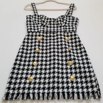 Vestido de cóctel Forever 21 para mujer pequeño negro blanco a cuadros flecos dobladillo tweed preppy Foto 1 de 4