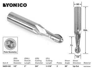 3/8" Dia. 2 Flute Ball Nose CNC Router Bit - 1/2" Shank - Yonico 34251-SC - Picture 1 of 1