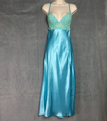 Maxi Vestido Vintage Victoria's Secret Azul Encaje Satinado Sin Cordones Abertura S Romántico Foto 1 de 4