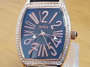 Mens Ladies Black Leather Rose Gold Swarovski Tonneau Pop-Art Pocket Watch 2039 - Picture 1 of 10