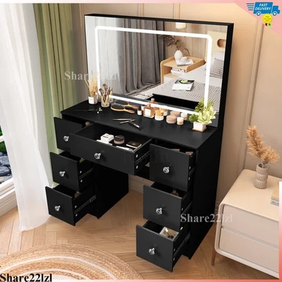 Juego de tocador de maquillaje grande con luz LED espejo tocador escritorio 7 cajones Foto 1 de 4