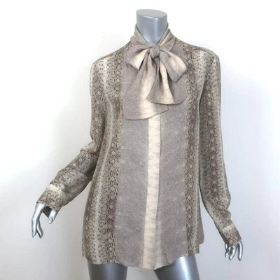 Chloe Scarf-Neck Snakeskin Print Blouse Cream/Gray Silk Size 42 Long Sleeve Top - Image 1 of 4