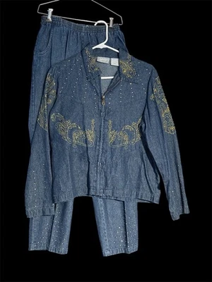VTG 80s Blair 2pc Denim Set Pants Zip Up Jacket Shirt Embroidered Studded S PT - Image 1 of 4
