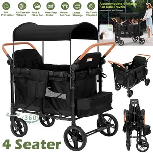 Foldable Wagon Stroller for 4 Kids Quad Stroller with Canopy & Adjustable Handle - Picture 1 of 14