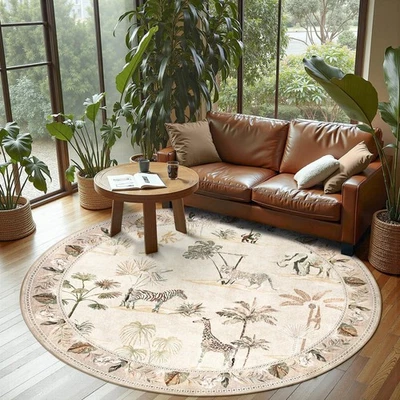 Round Rug 6ft Beige Jungle Animals Print, Machine Washable 6' Circle Modern S... - Image 1 of 4