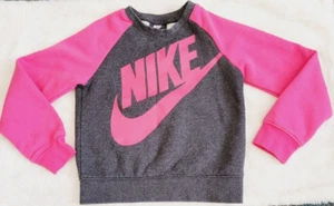 Nike Sweatshirt Sweater Girls Gray Pink Crewneck 6 6X L Large Swoosh 6 7 Years - Picture 1 of 3
