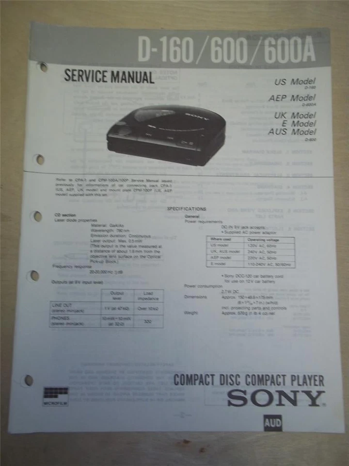 Sony Service Manual~D-160/600/600A Discman CD Player~Original~Repair - Image 1 of 1