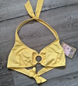 New $65.- Juicy Couture Yellow Bikini Swimsuit Top Small Halter Logo Ring Y2K - Picture 1 of 5