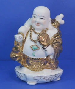 Porcellana Buddha Buona Fortuna Sorridente Vintage con Oro Dorato 6,5" - Foto 1 di 24