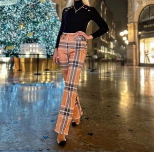 Women Dress Pants Small Brown Striped Print High Waist Leg Straigth Stretch Soft - Picture 1 of 20