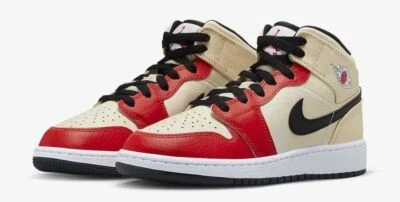 [DV7012-100] Air Jordan 1 Mid SS GS Grade School Muslin/Chili Red *NEW* - Image 1 of 4