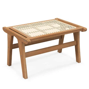 Ottoman Footstool Natural Teak Wooden Foot Rest w/ Handwoven Rattan Indoor - Picture 1 of 6