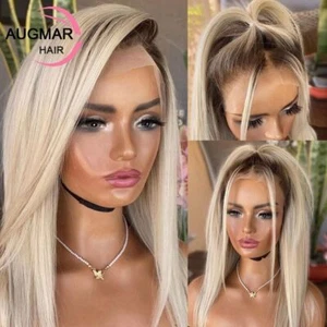 Ombre Straight Blonde Lace Front Human Hair Wigs Remy HD Short Bob Wig For Women - Picture 1 of 6