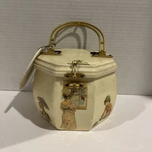 Vintage Wooden Decoupage Octagonal Box Wood Purse Gold Plated Handle - Picture 1 of 16