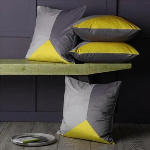 Cushion Covers Geometric 4 pack Yellow & Grey Velvet Feel 18 inch 45cm Square  - Picture 1 of 3