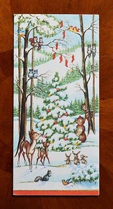 Vintage UNUSED Christmas Card GREEN GLITTER DEER BEAR WOODLAND ANIMALS TREE - Picture 1 of 4