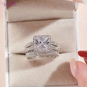Wuziwen Engagement Promise Wedding Ring Set for Women 925 Silver 4CT Princess CZ - Picture 1 of 14