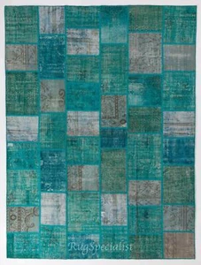 Handmade Patchwork Rug in Shades of Teal Blue, Custom Modern Turkish Wool Carpet - Picture 1 of 5