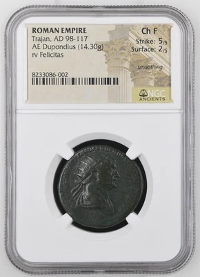 Trajan, AD 98-117 ROMAN EMPIRE AE Dupondius NGC Choice Fine - Image 1 of 4