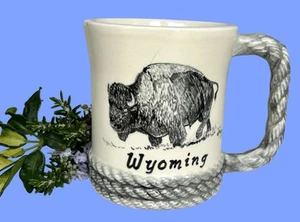 Vtg Hand Painted Wyoming Buffalo Mug Gray Rope Handle & Base Hand Signed A.Moore - Picture 1 of 7