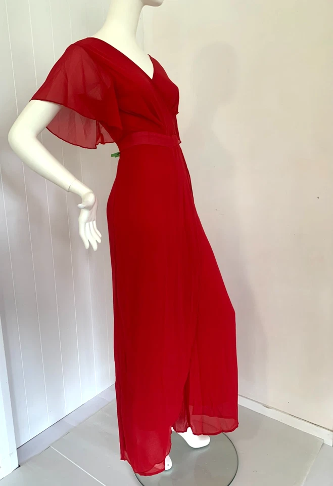 CHERRY RED JUMPSUIT full length CHIFFON flutter sleeve 8 10 Wrap high waist flar - image 1 of 4